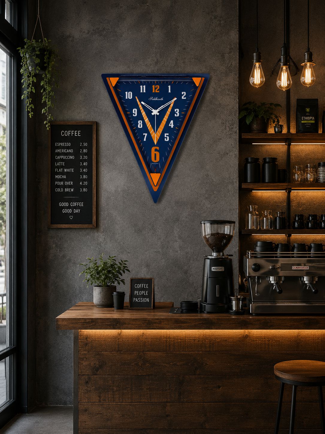 A triangular wall clock with a navy blue and orange design hangs on a gray concrete wall above a wooden counter in a styled cafe interior with warm hanging lights and coffee equipment.