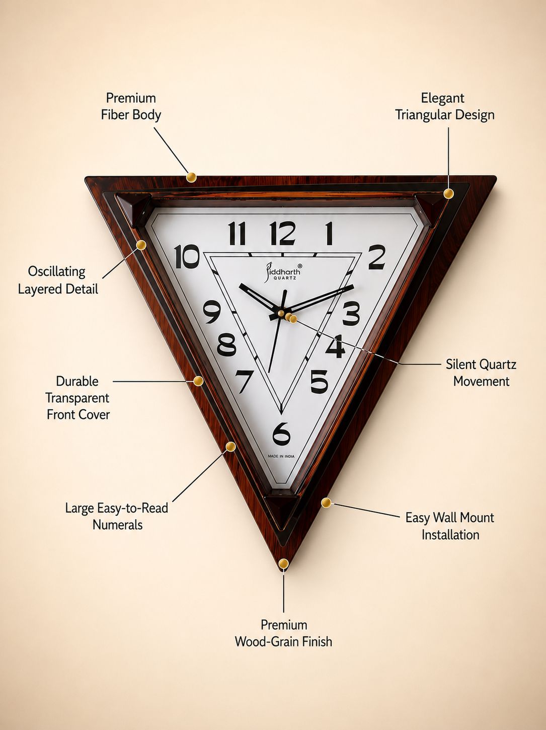 Modern Triangular Pendulum Wall Clock with Oscillating Center | Premium Fibre Body | Silent Quartz Movement | Designer Decorative Wall Clock for Living Room, Office & Bedroom 40 CM Tall