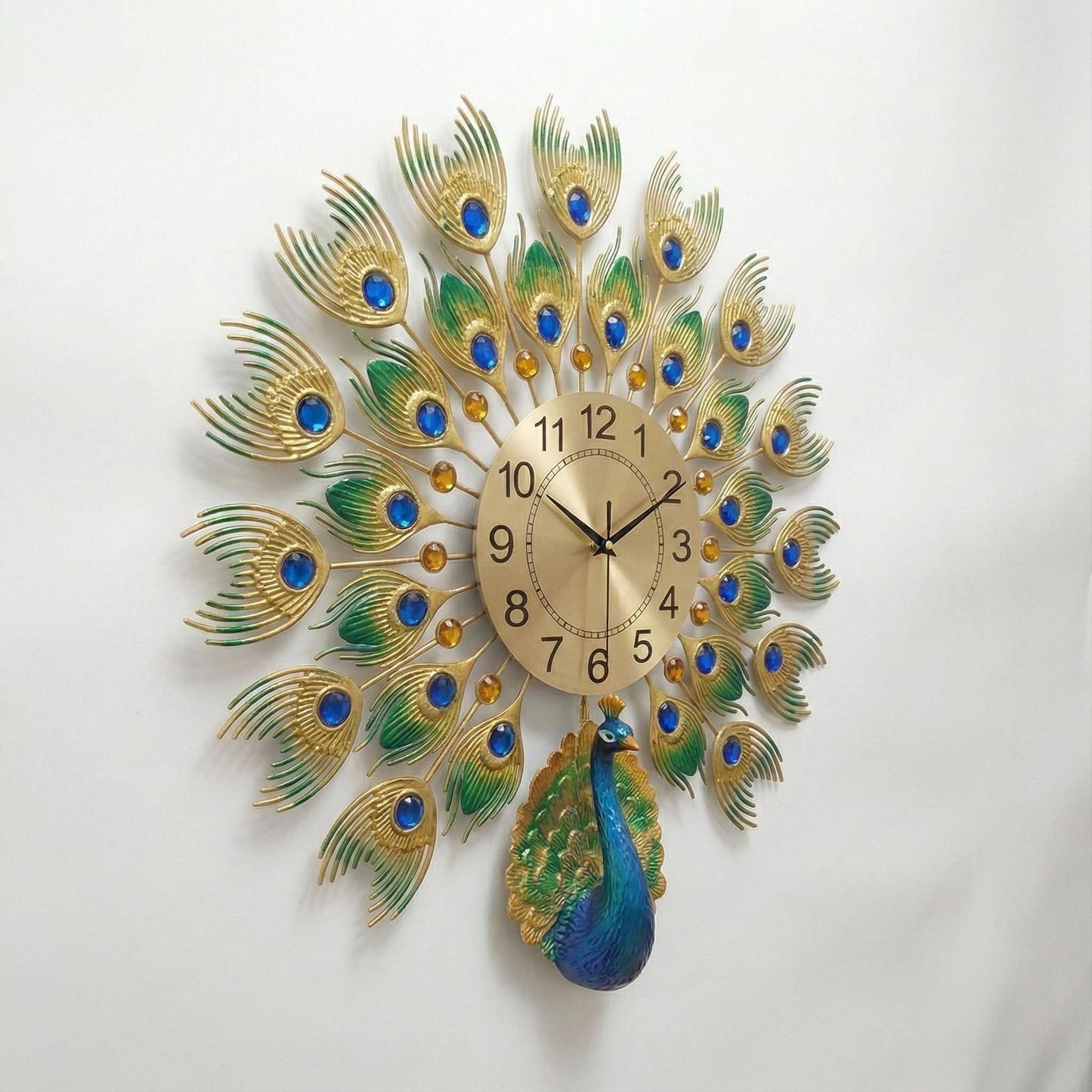 Luxurious Large Peacock Wall Clock - Gold & Blue Jeweled Metal Art Decor (55cm)