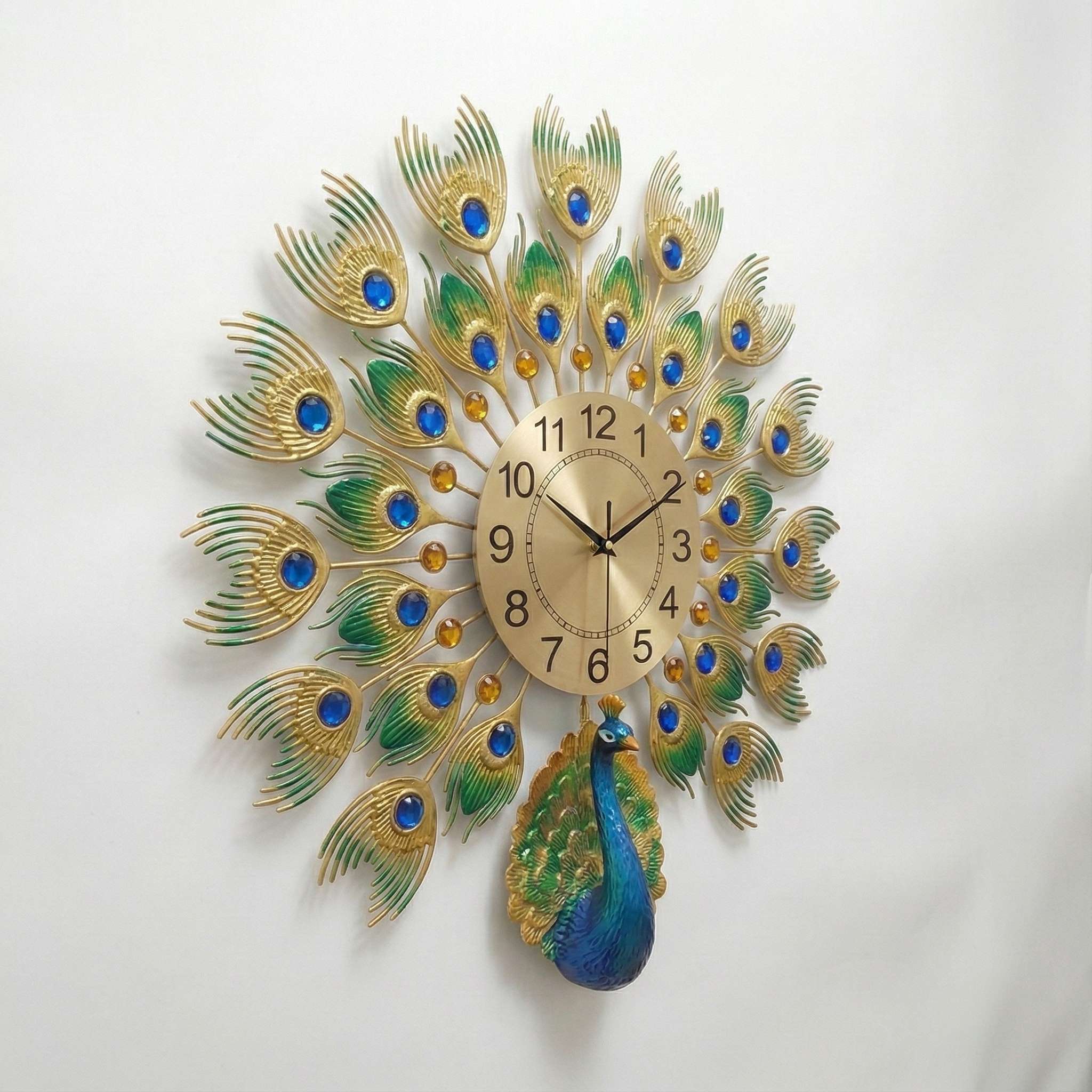 Luxurious Large Peacock Wall Clock - Gold & Blue Jeweled Metal Art Decor (55cm)
