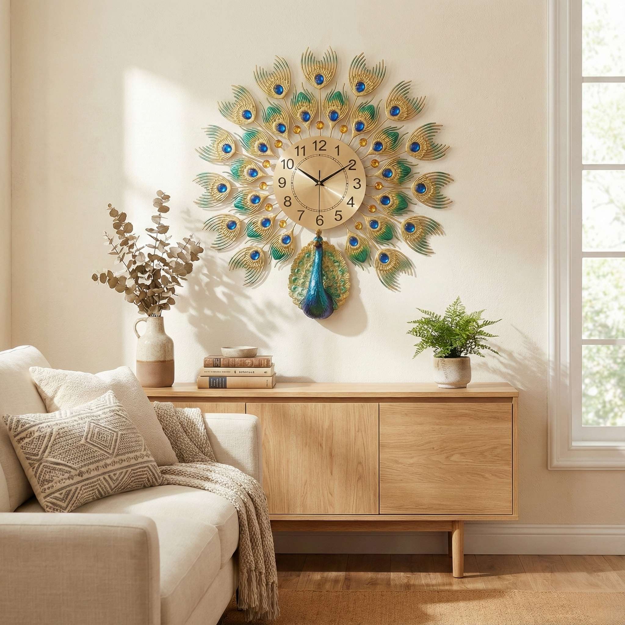 Luxurious Large Peacock Wall Clock - Gold & Blue Jeweled Metal Art Decor (55cm)