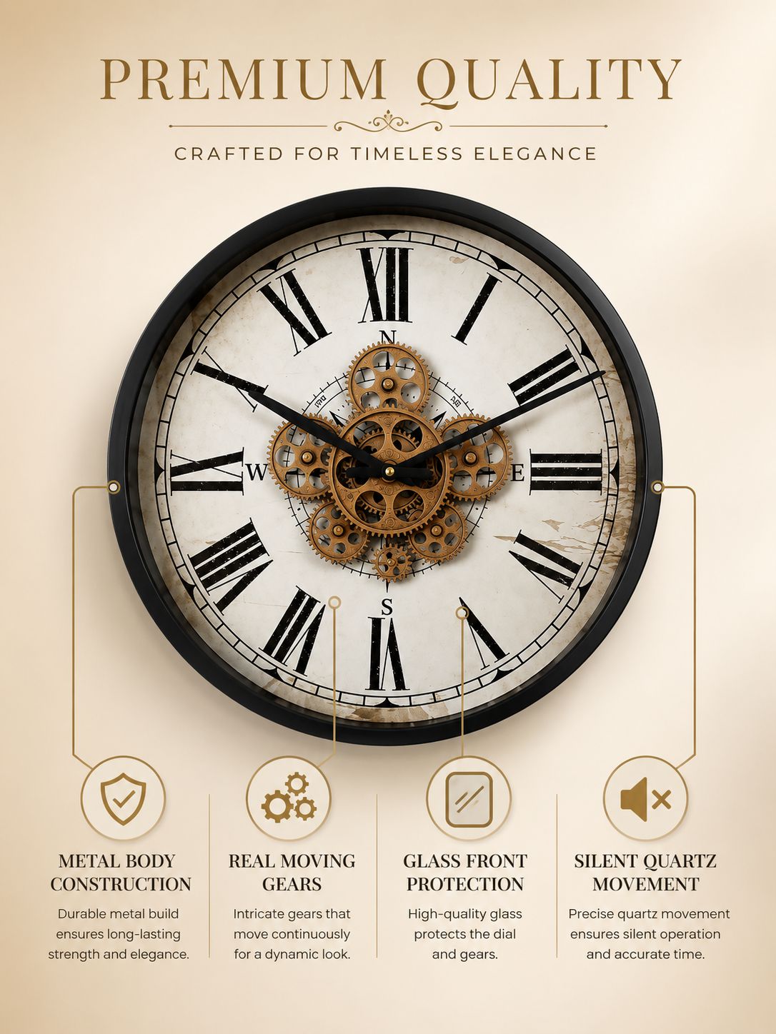 Premium Metal Moving Gear Wall Clock Feature Infographic