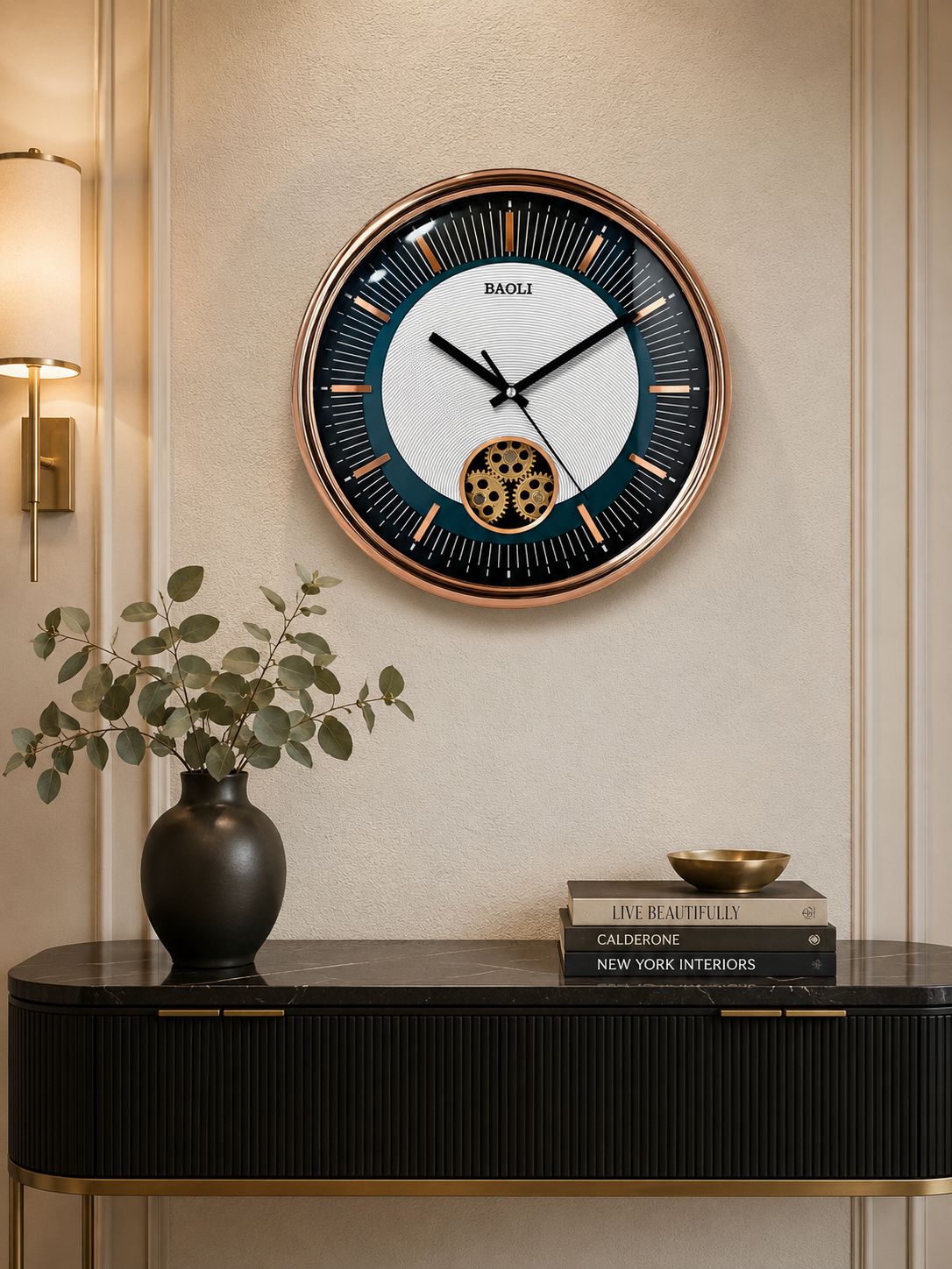 Premium Modern Wall Clock with Moving Gears and Rose Gold Finish