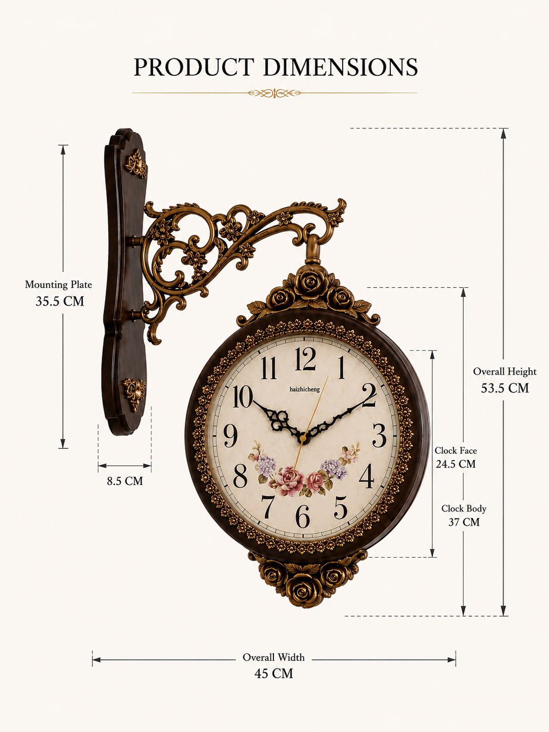 Product dimensions diagram of an ornate wall clock with a decorative bracket and mounting plate, showing measurements for overall height, width, clock body, clock face, and mounting plate on a light beige background.