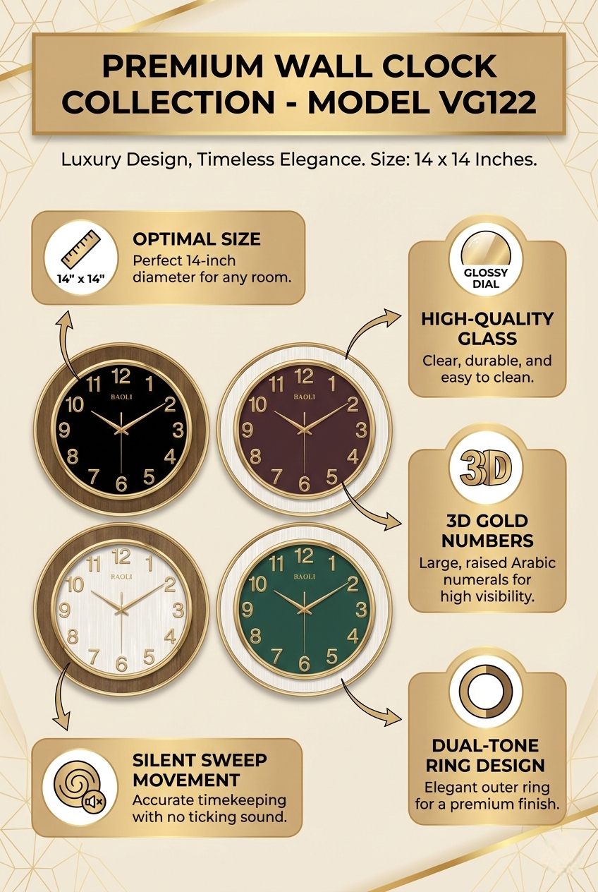 Promotional image of a premium wall clock collection with features highlighted.