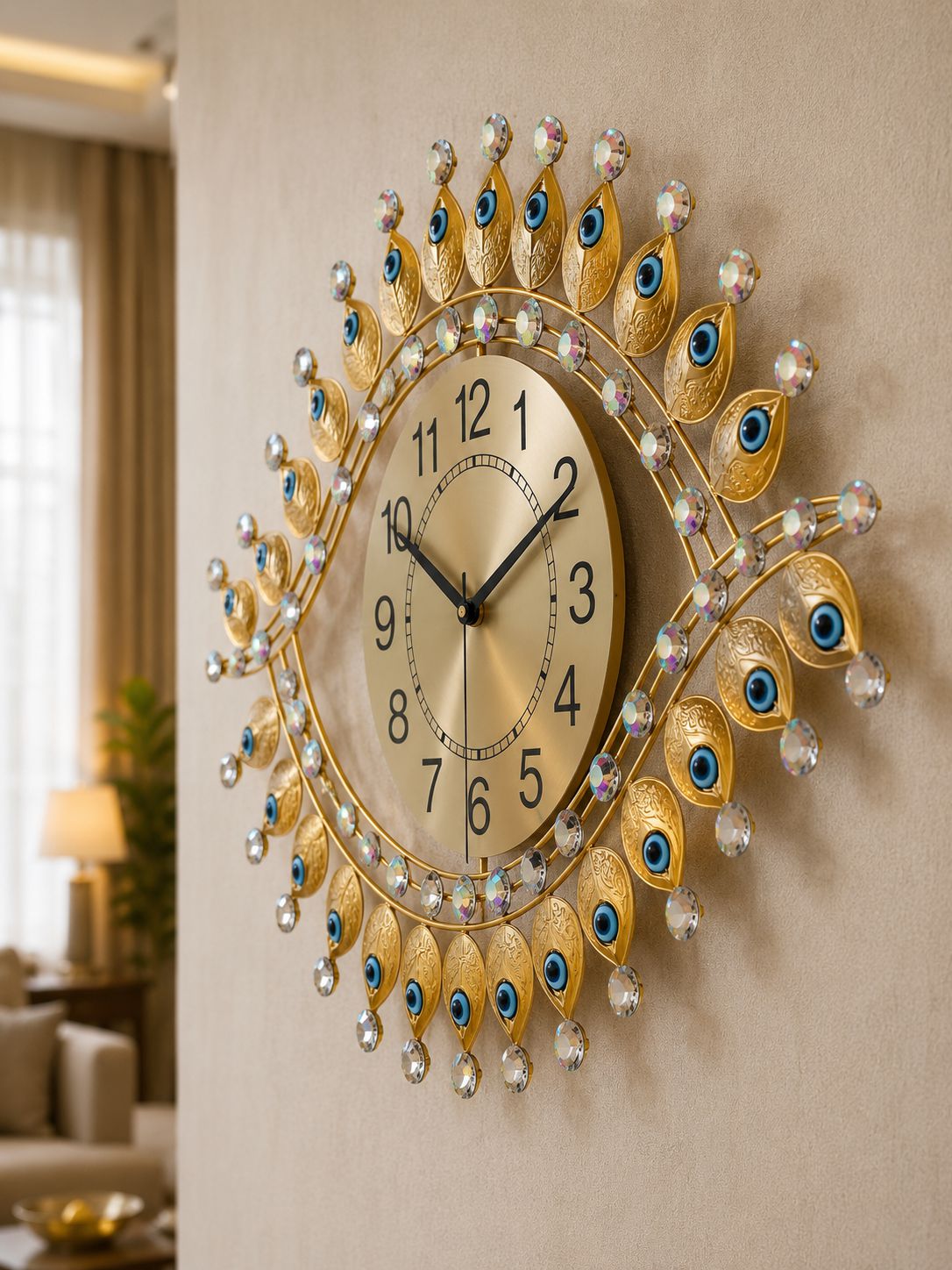 Side view of gold metal Nazar inspired wall clock showing layered decorative design