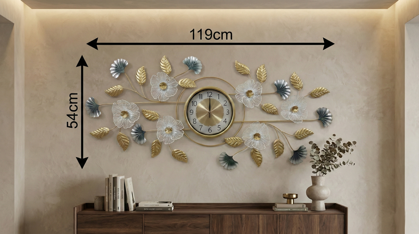Size chart showing 119cm length and 54cm height of metal wall clock.