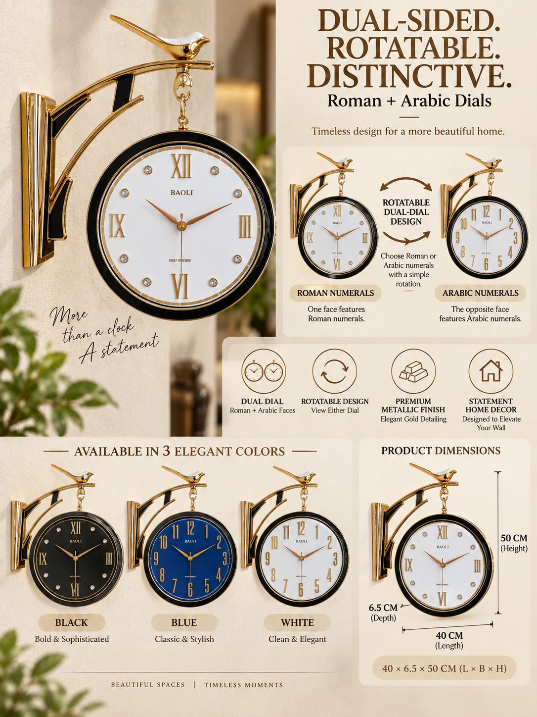 Sparrow dual-sided rotatable wall clock with Roman and Arabic dials, three colours and dimensions