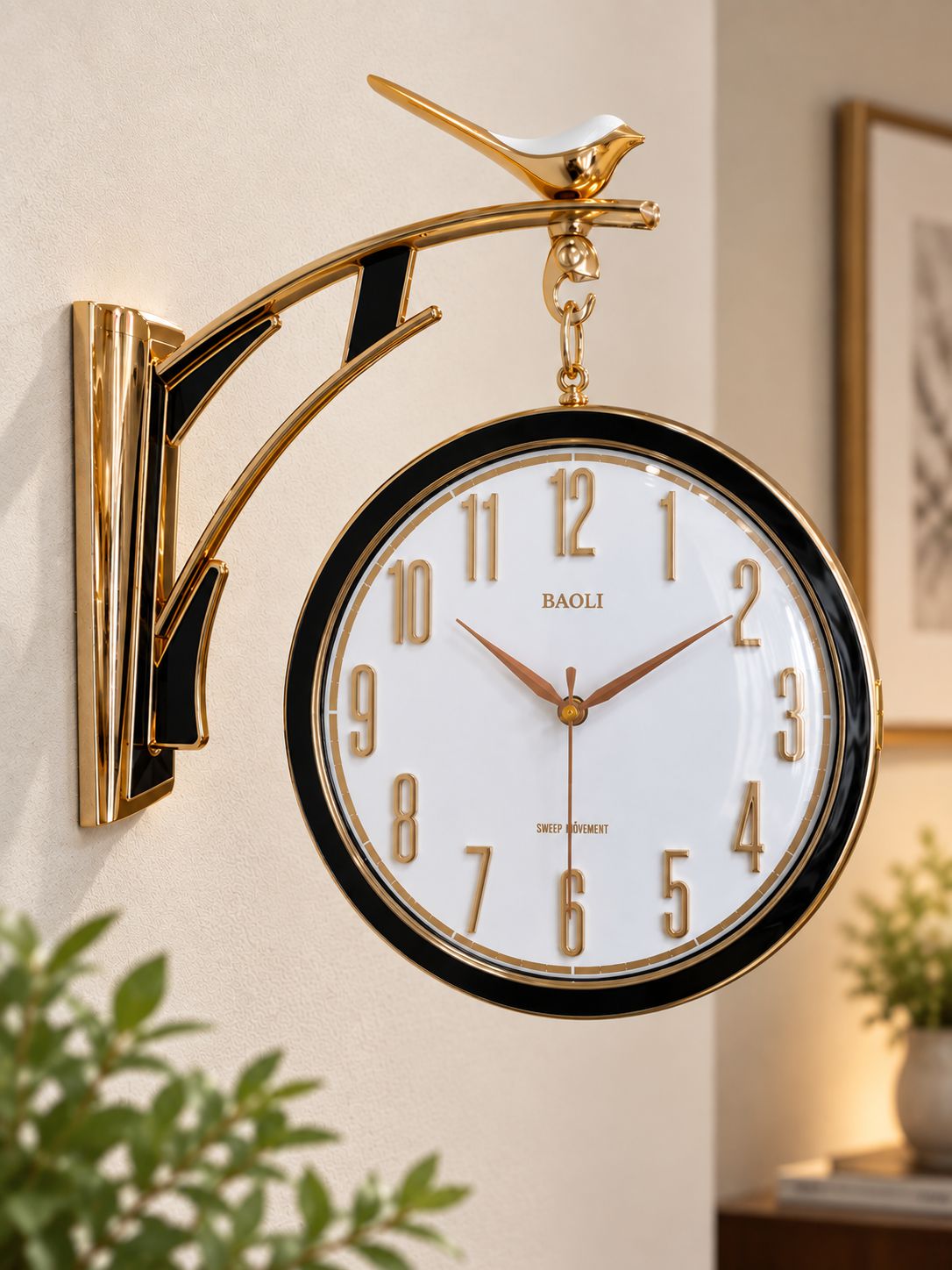 Sparrow dual-sided wall clock with white Arabic numeral dial and gold finish