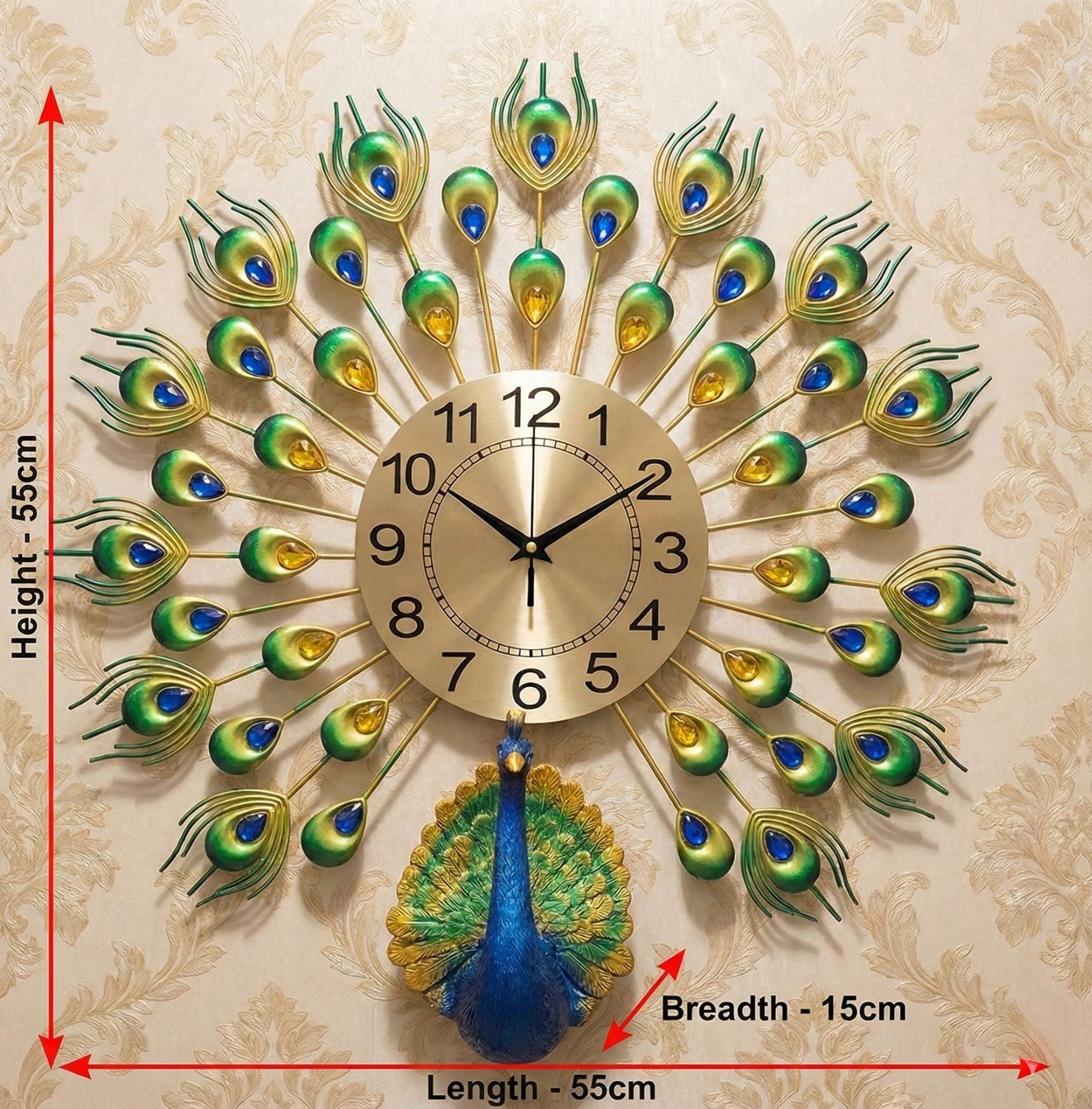 Premium Peacock Design Decorative Wall Clock for Home Decor - Big Size (55cm x 55cm)
