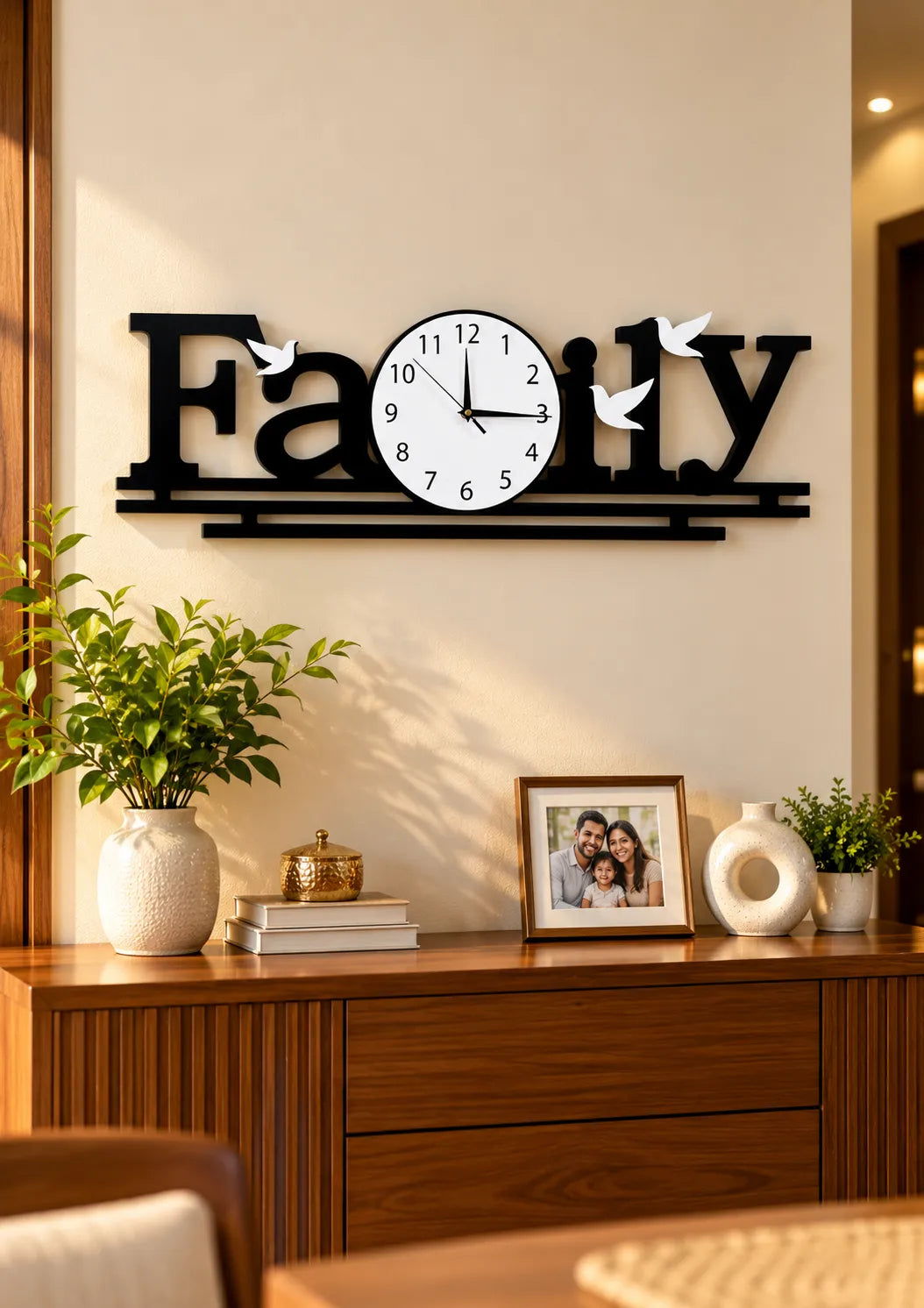 Family Wall Clock with White Birds – Black Decorative Wooden Wall Clock