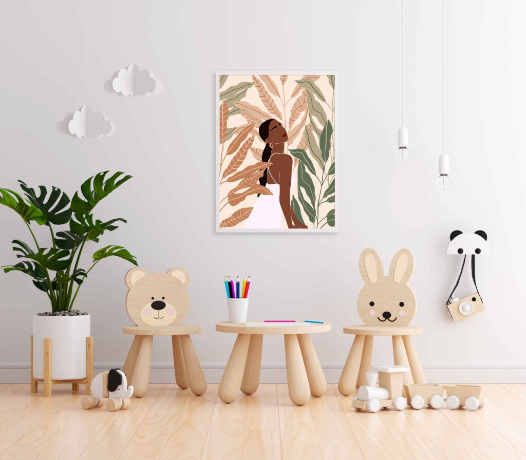 Boho Black Women With Tropical Leaves Portrait Frame For Wall Decor- Funkydecors Xs / White Posters