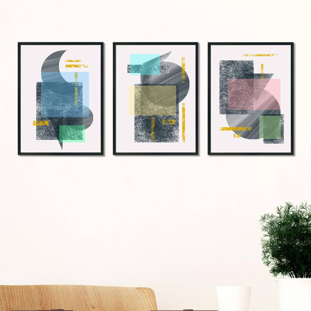 Colour Blocks - Abstract 3 Panels Art Frame For Wall Decor- Funkydecors Xs / Black Posters Prints &