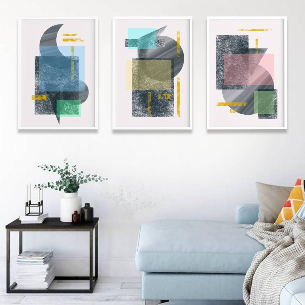 Colour Blocks - Abstract 3 Panels Art Frame For Wall Decor- Funkydecors Xs / White Posters Prints &