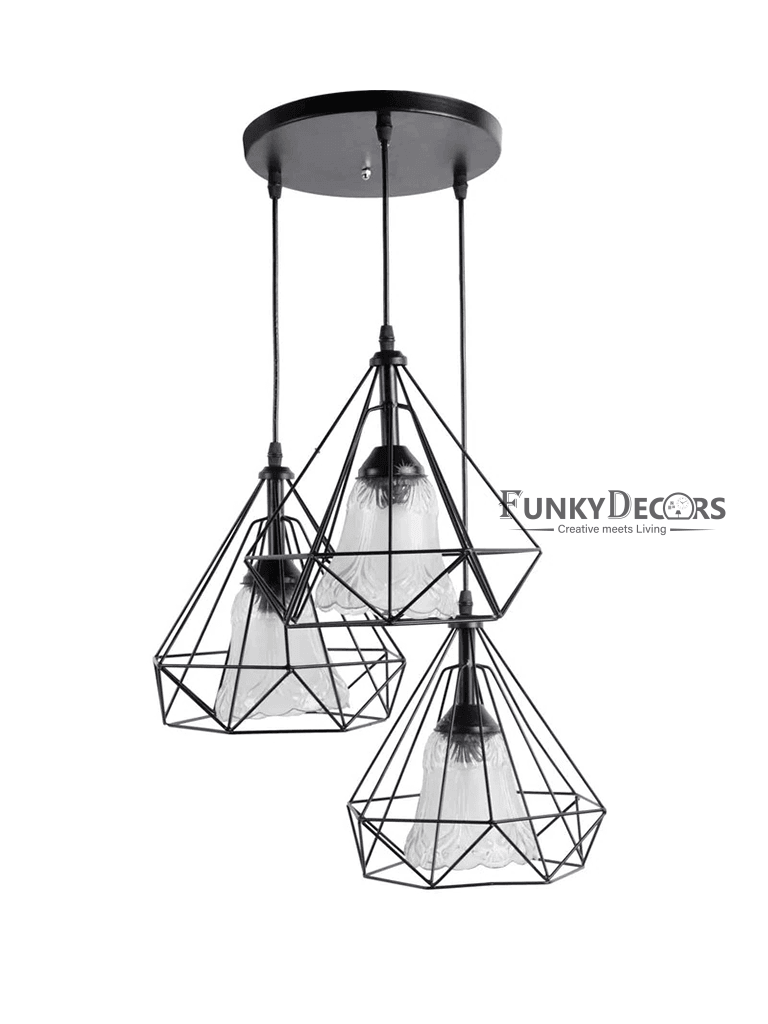 Designer Diamond Shape Cluster Metal Hanging Lights Set Of 3- Funkytradition