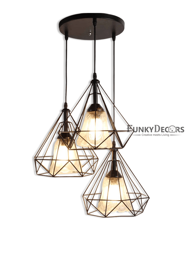 Designer Diamond Shape Cluster Metal Hanging Lights Set Of 3- Funkytradition