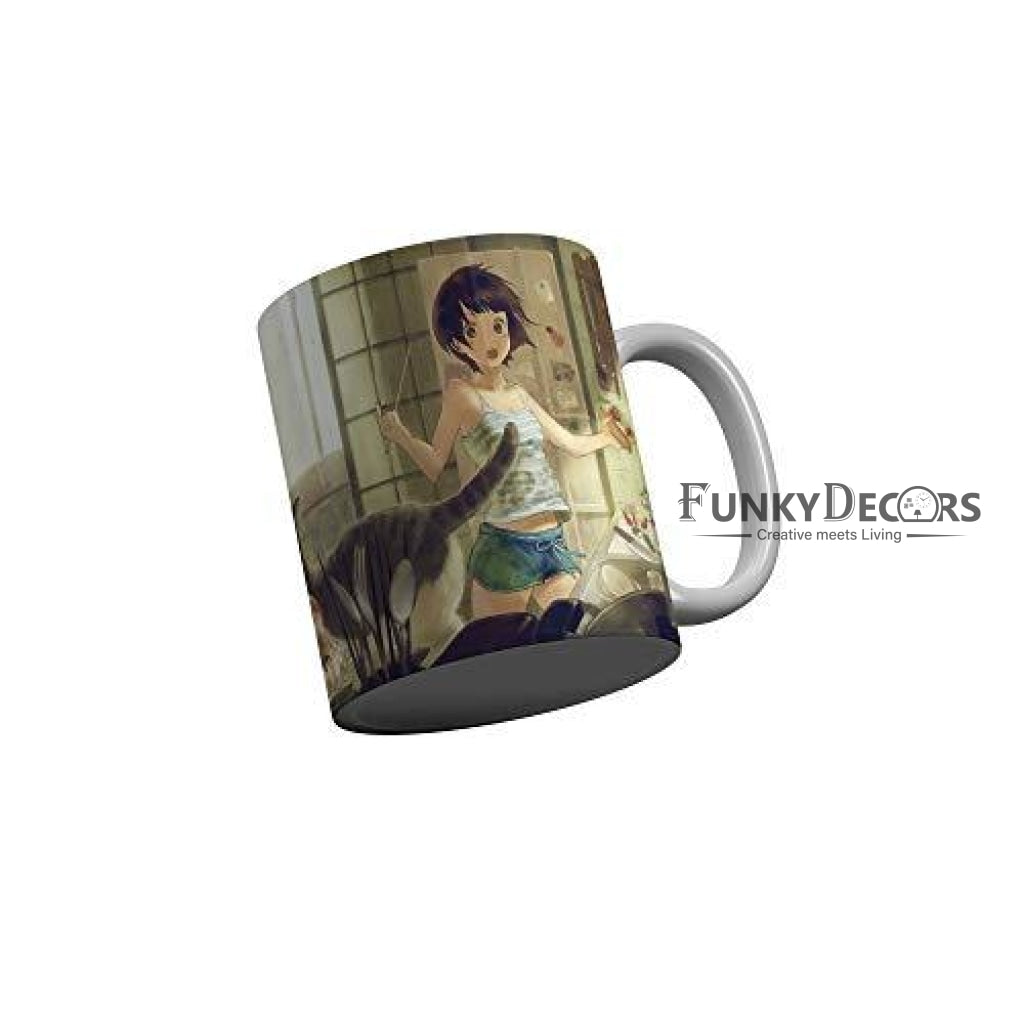 Funkydecors Anime Girl Gothic Cat Ceramic Mug 350 Ml Multicolor Mugs