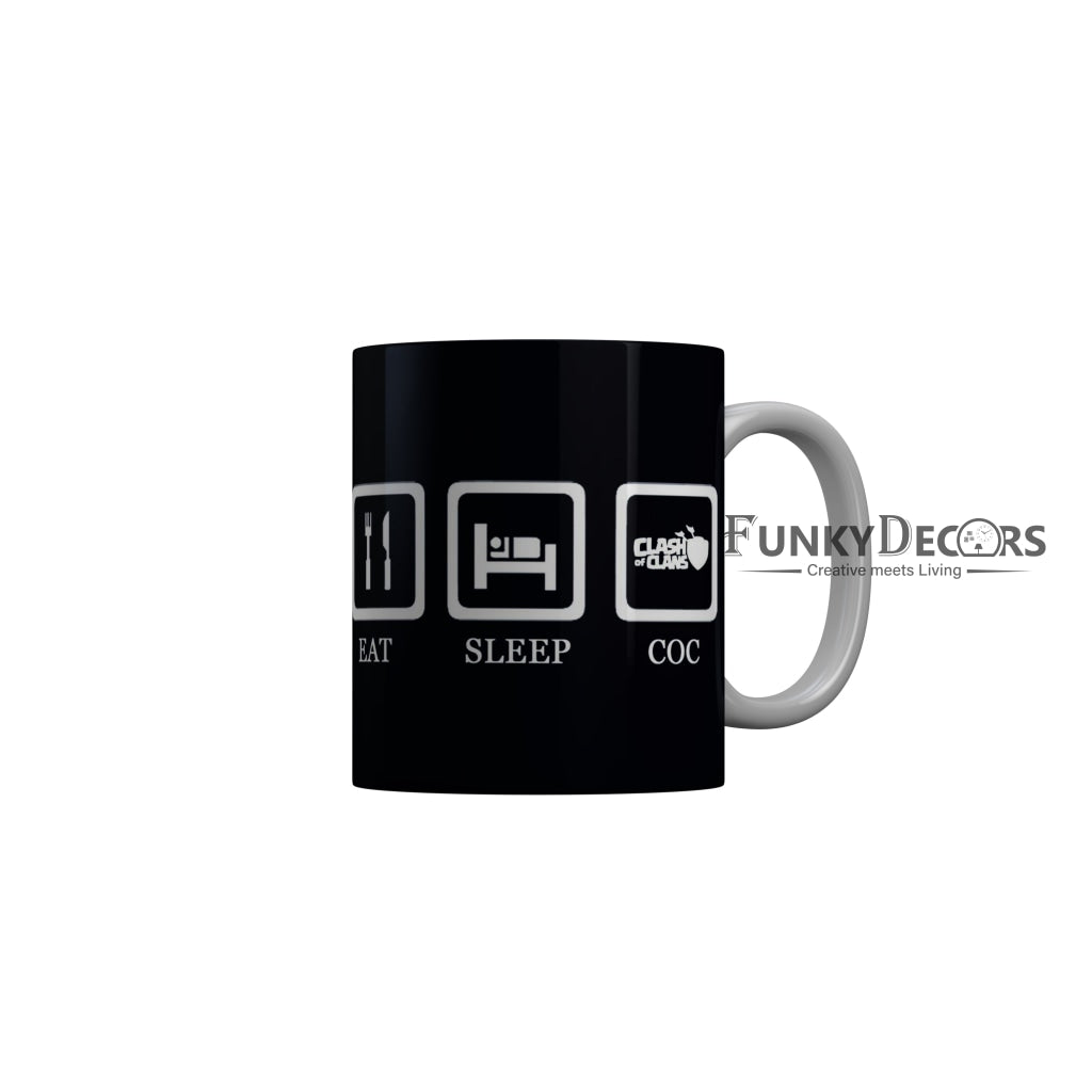 FunkyDecors Eat Sleep Clash and Clans Black Funny Quotes Ceramic Coffee Mug, 350 ml