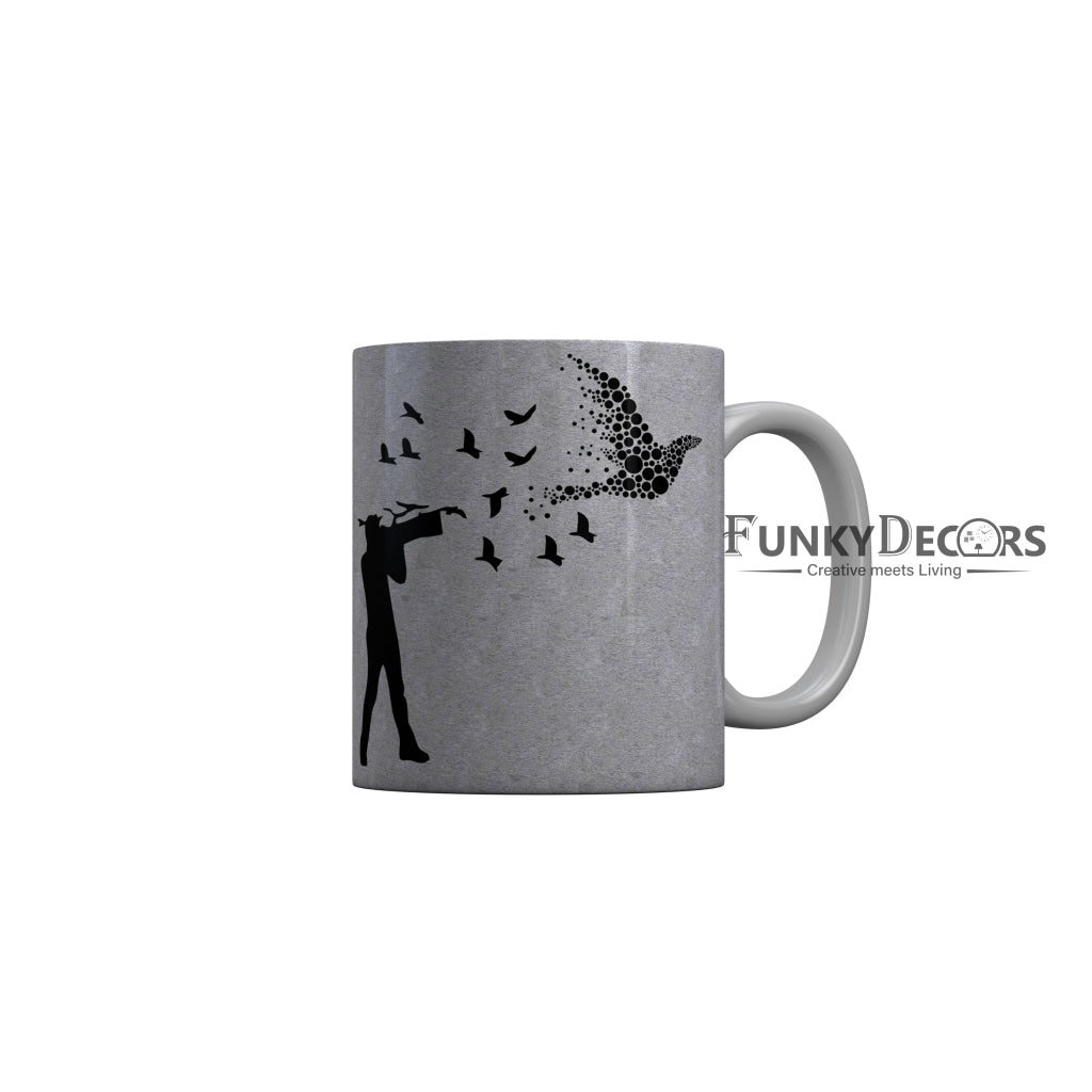 FunkyDecors Flying Birds White Motivational Quotes Ceramic Coffee Mug, 350 ml