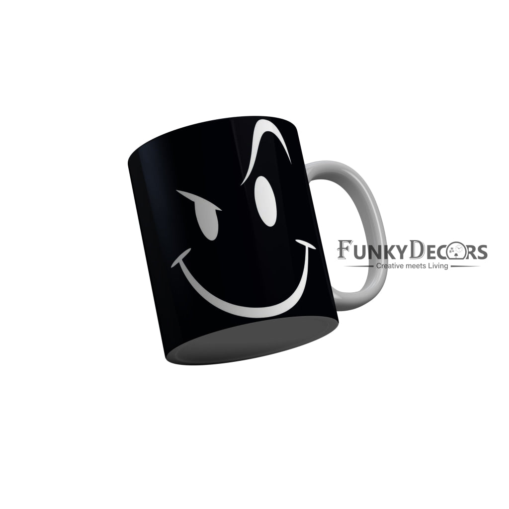 FunkyDecors Funny Face Black Ceramic Coffee Mug, 350 ml