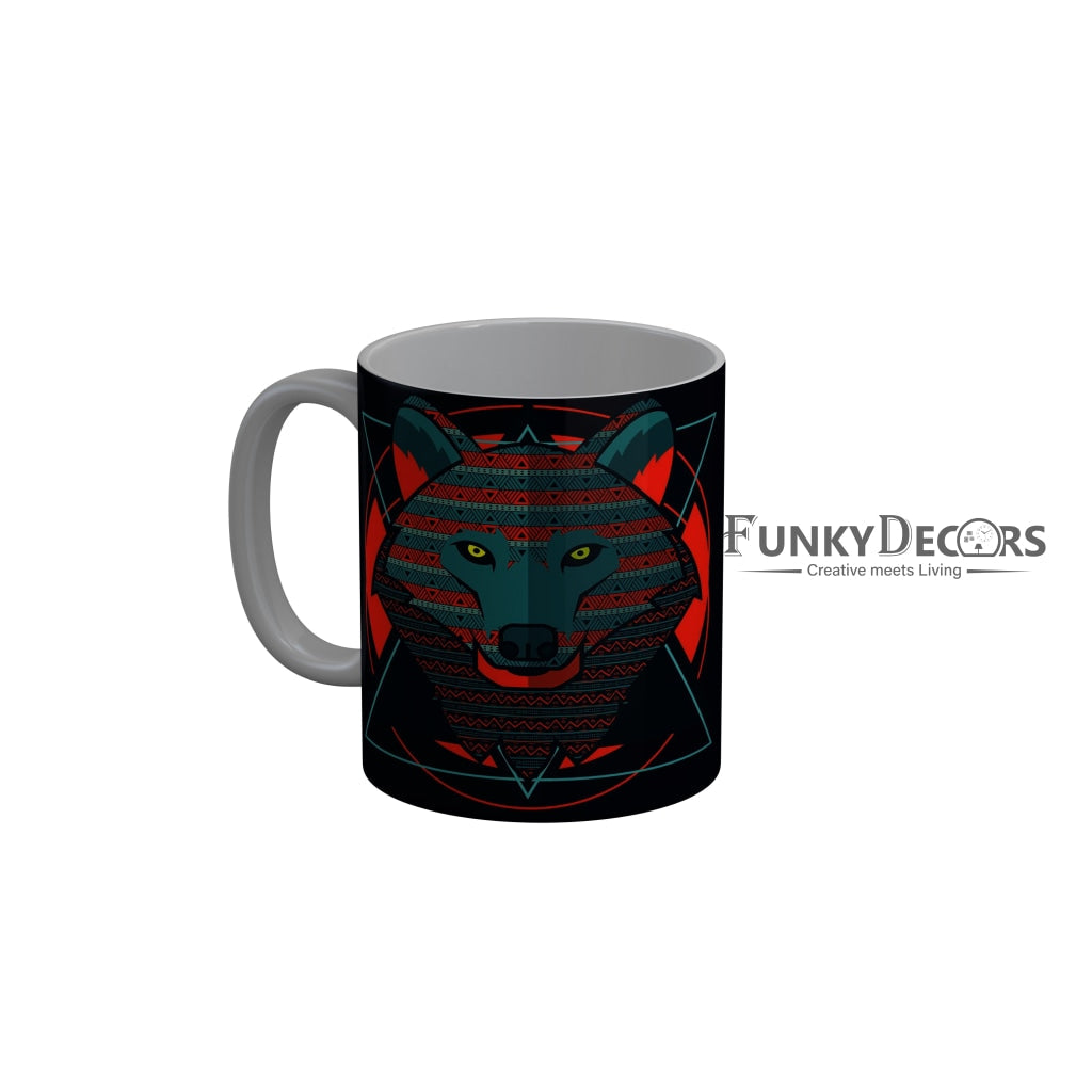 FunkyDecors Graphical Lion Face Black Ceramic Coffee Mug, 350 ml