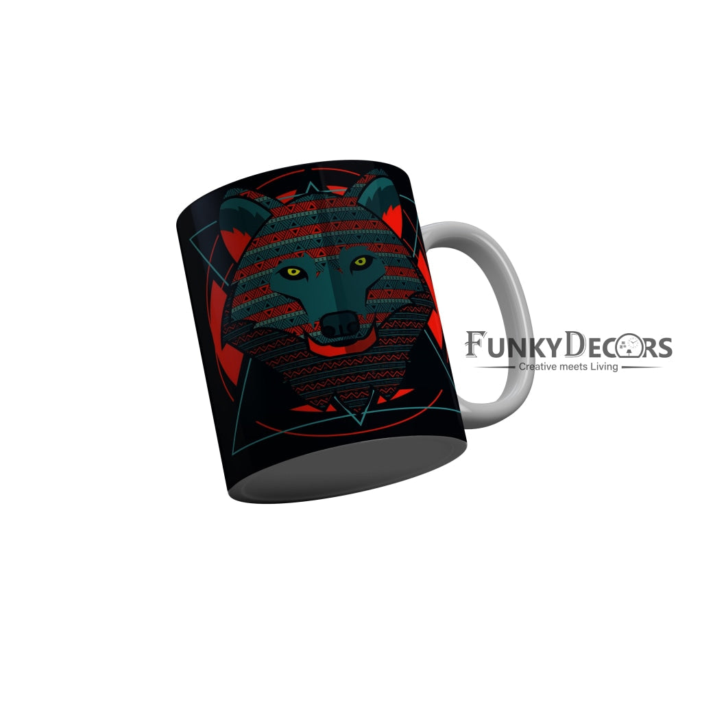 FunkyDecors Graphical Lion Face Black Ceramic Coffee Mug, 350 ml