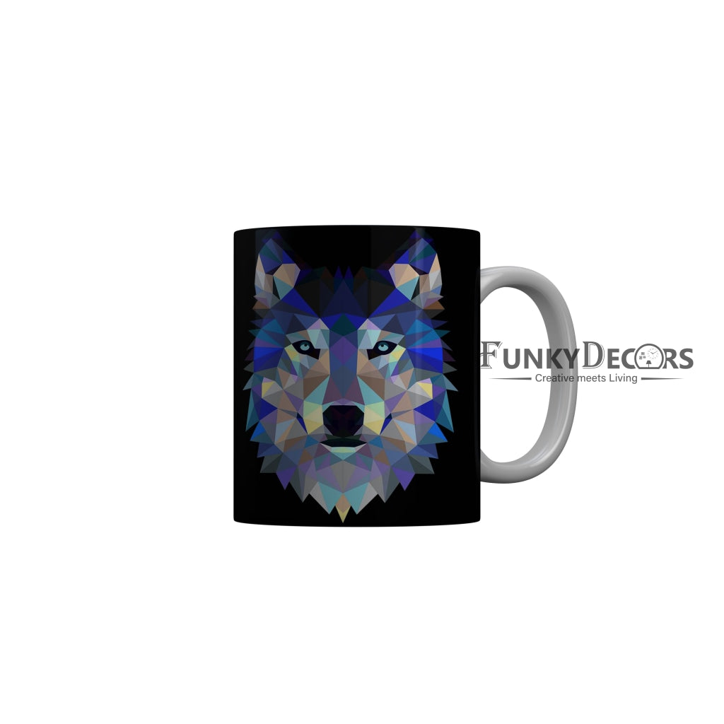 FunkyDecors Graphical Lion Face Black Ceramic Coffee Mug, 350 ml