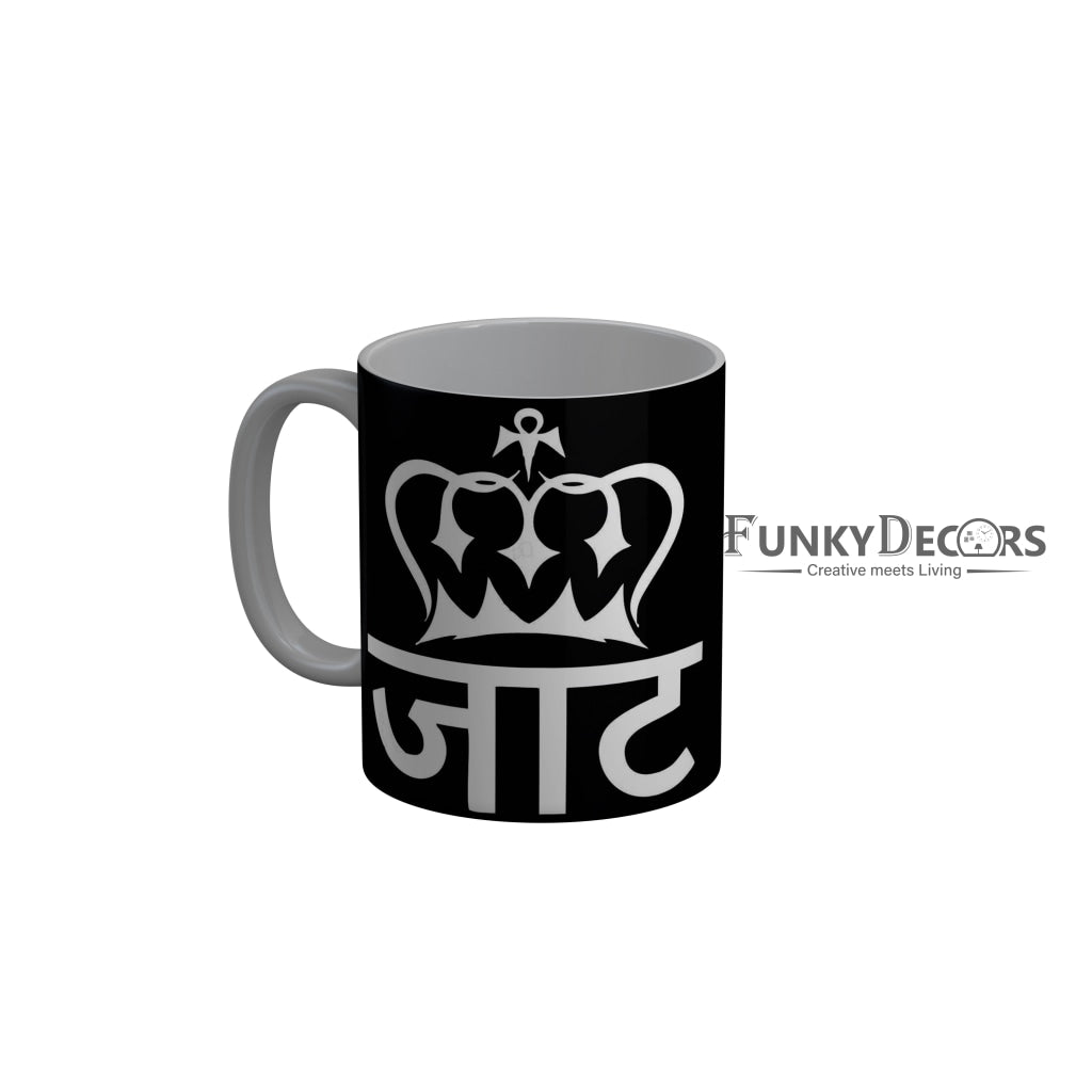 FunkyDecors Jaat Black Funny Quotes Ceramic Coffee Mug, 350 ml