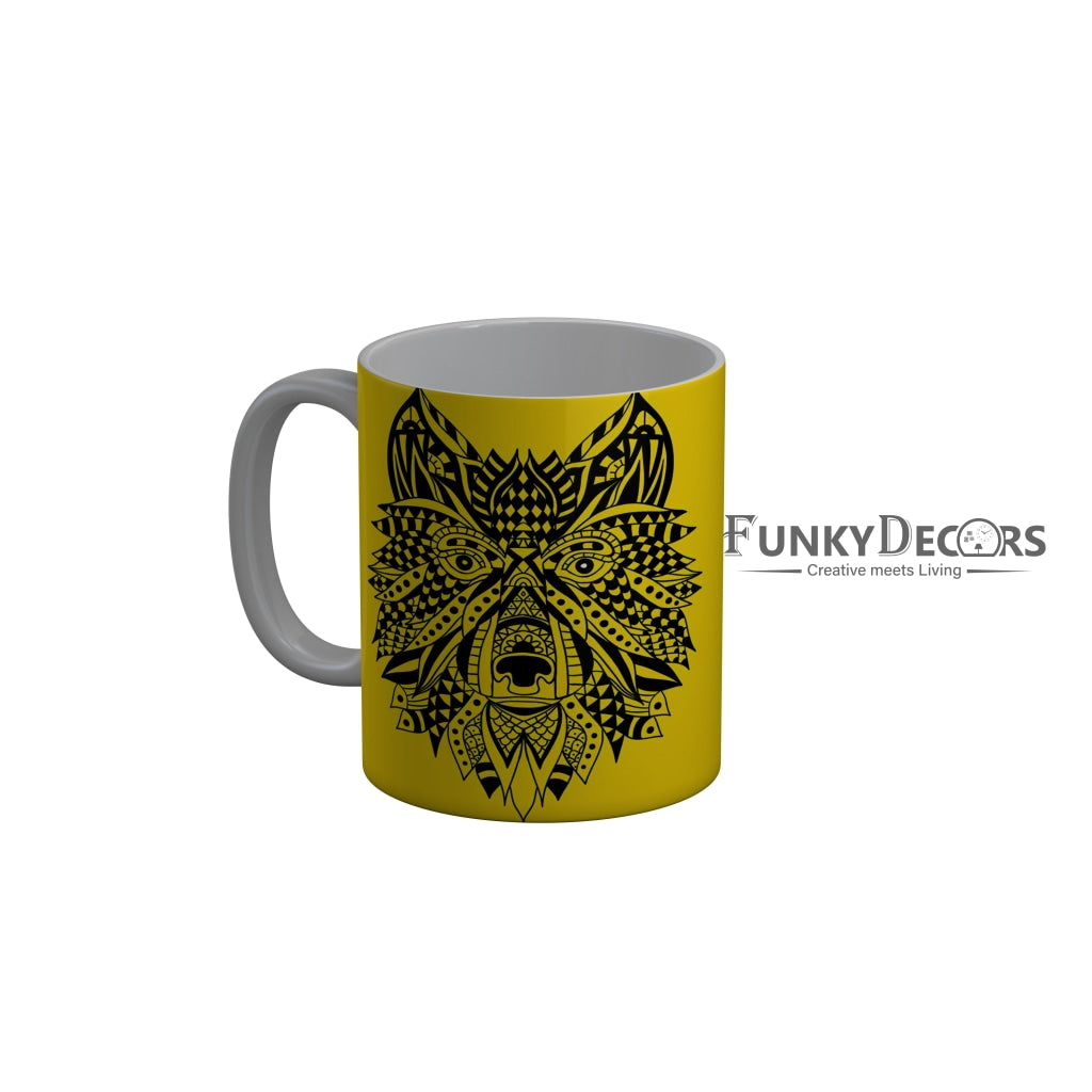 FunkyDecors Lion Face Yellow Ceramic Coffee Mug, 350 ml
