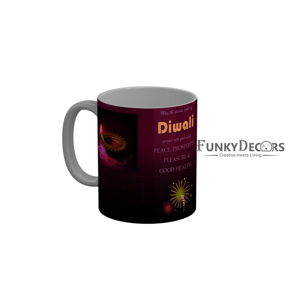 FunkyDecors May the drivin diwali spread into your life Peace Prosperity Pleasure and Good health Happy Diwali Ceramic Mug, 350 ML, Multicolor