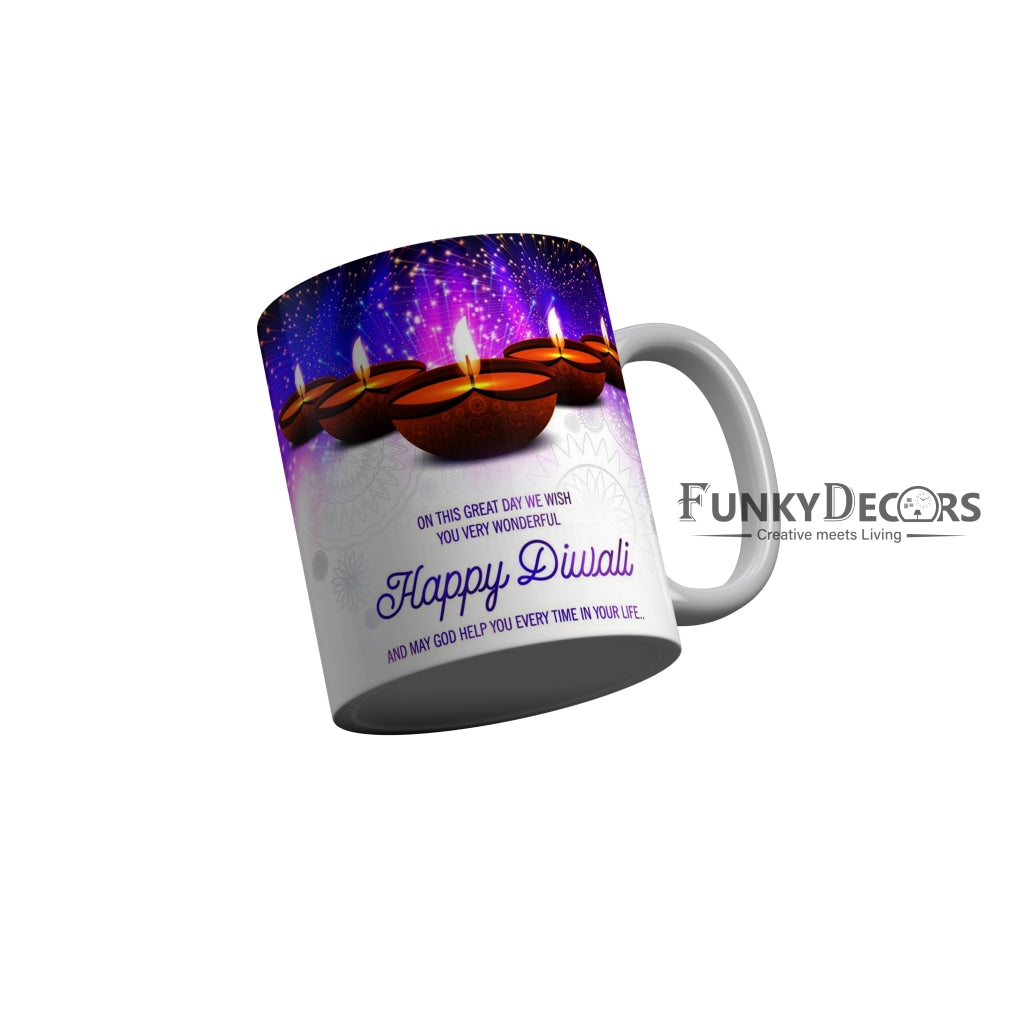 FunkyDecors On this great day we wish you very wonderful Happy Diwali Ceramic Mug, 350 ML, Multicolor