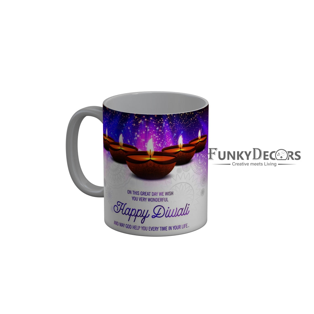 FunkyDecors On this great day we wish you very wonderful Happy Diwali Ceramic Mug, 350 ML, Multicolor