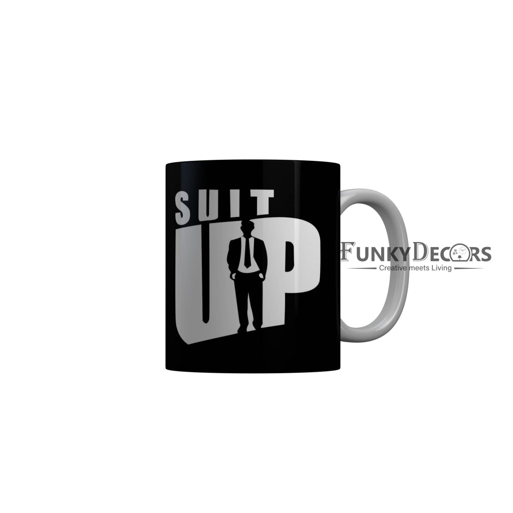 FunkyDecors Suit Up Black Quotes Ceramic Coffee Mug, 350 ml