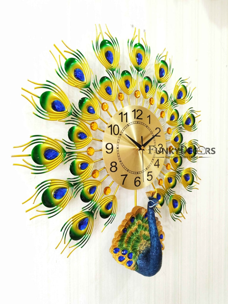 FunkyDecors 3D Peacock Feather Open Wall Clock Watch Decor For Home Office And Gifts 55 Cm Tall