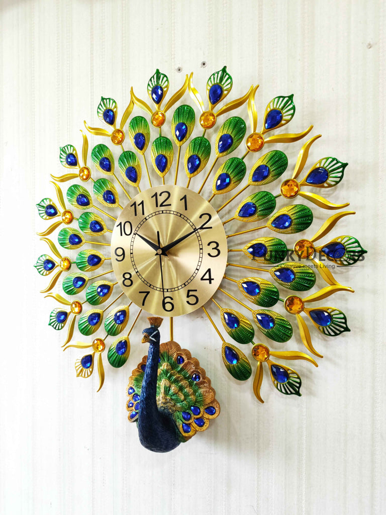 FunkyDecors 3D Peacock Feather Open Wall Clock Watch Decor For Home Office And Gifts 55 Cm Tall