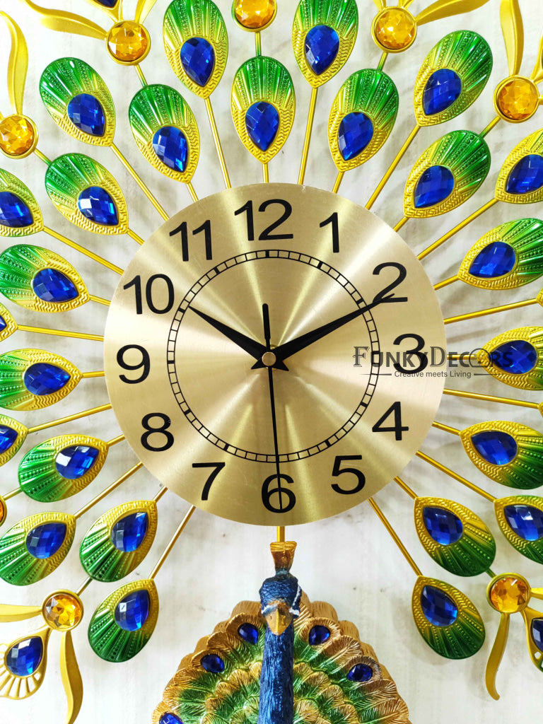 FunkyDecors 3D Peacock Feather Open Wall Clock Watch Decor For Home Office And Gifts 55 Cm Tall