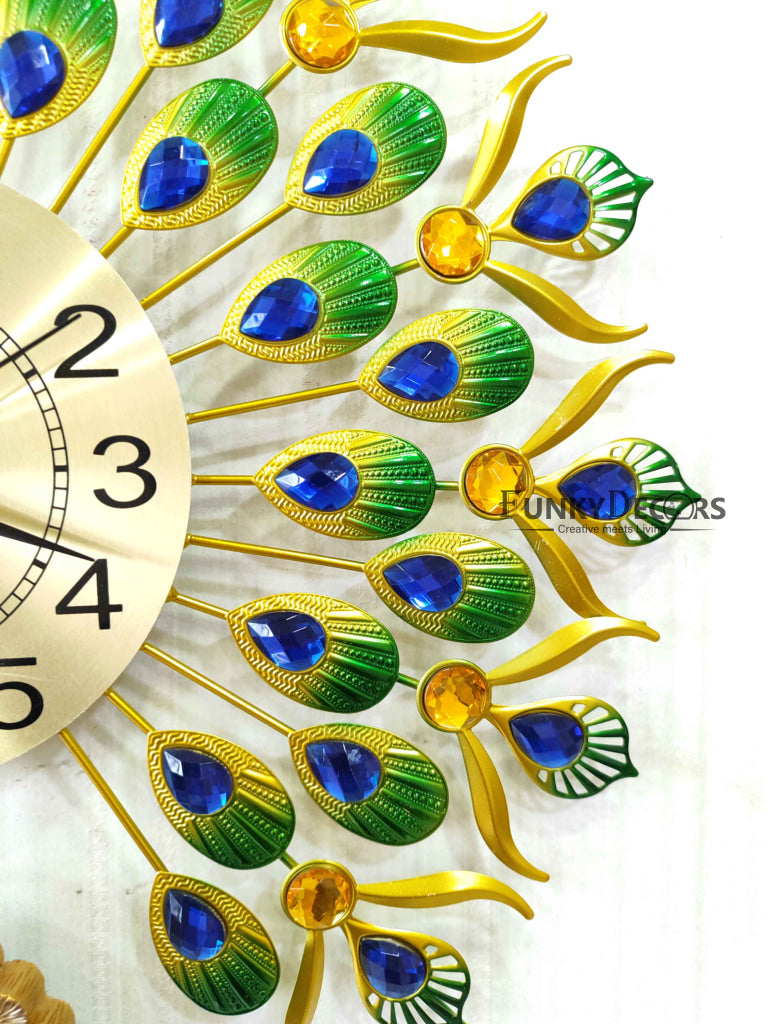 FunkyDecors 3D Peacock Feather Open Wall Clock Watch Decor For Home Office And Gifts 55 Cm Tall