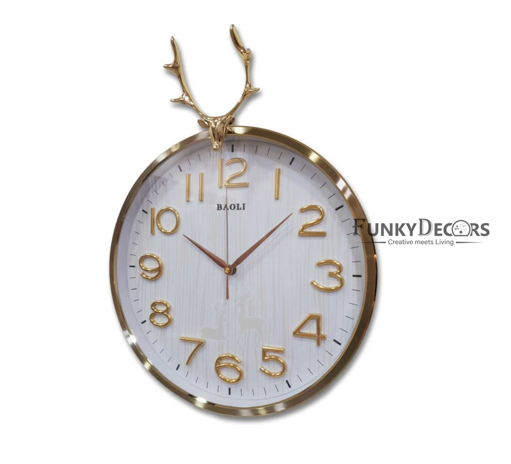 FunkyDecors Golden White Reindeer Wall Clock Watch Decor For Home Office And Gifts 46 Cm Tall