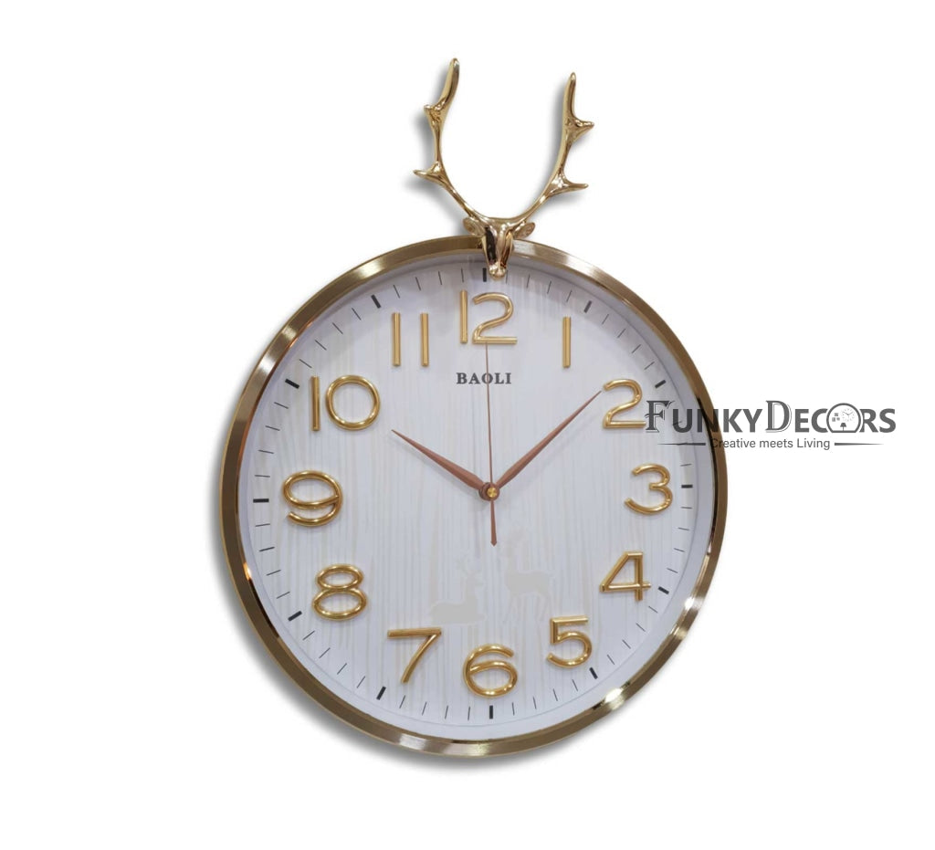 FunkyDecors Golden White Reindeer Wall Clock Watch Decor For Home Office And Gifts 46 Cm Tall