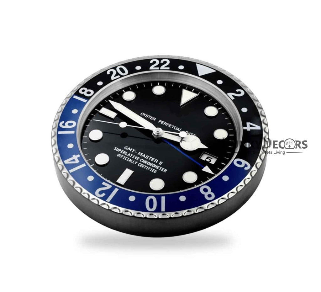 FunkyDecors Luxury Black Blue Gmt Master Ii Stainless Steel Metal Wall Clock For Royal Home And