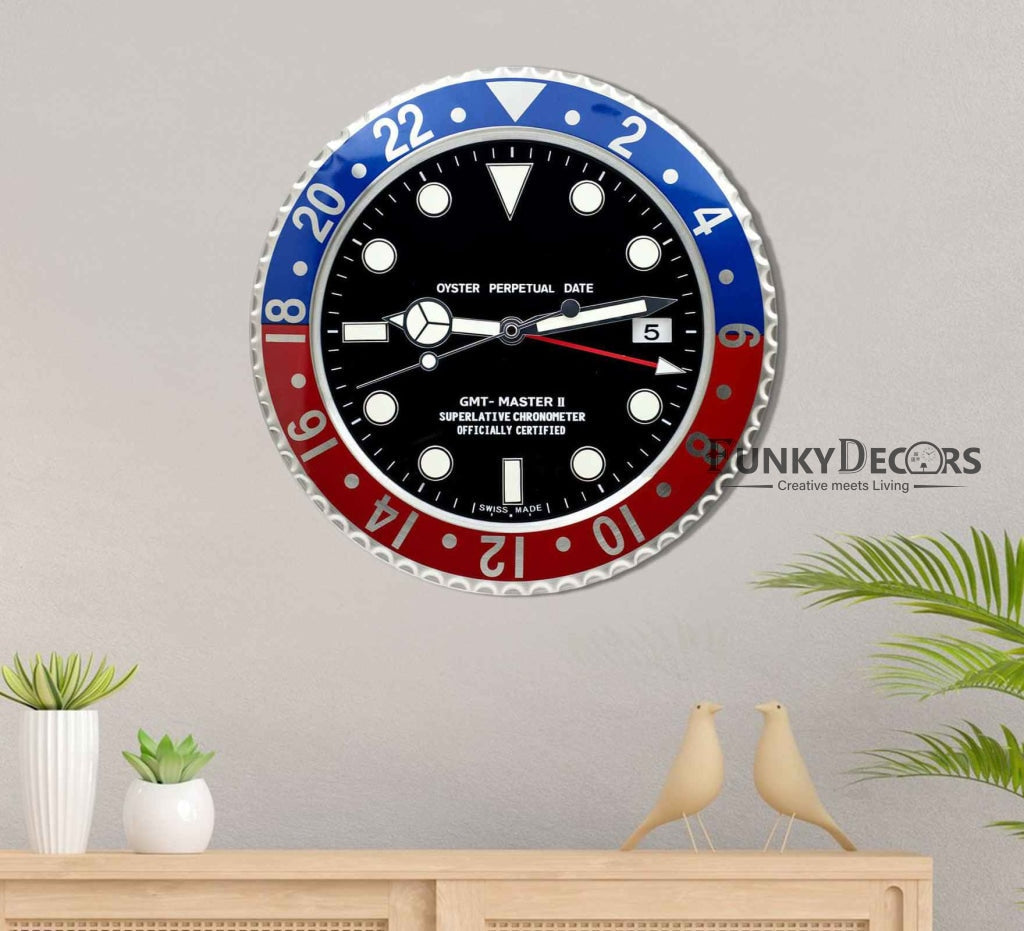 FunkyDecors Luxury Blue Red Gmt Master Ii Stainless Steel Metal Wall Clock For Royal Home And