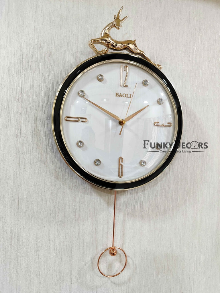 Funkytradition Rose Gold Multicolor Reindeer Pendulum Wall Clock Decor For Home Office And Gifts 60