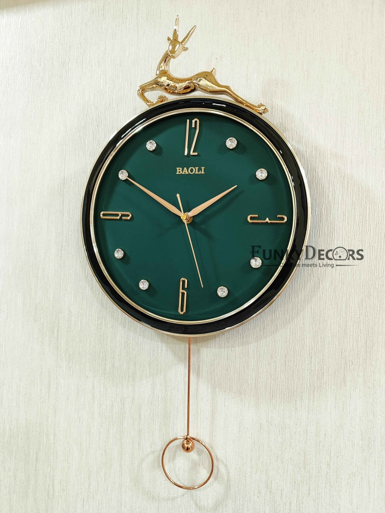 Funkytradition Rose Gold Multicolor Reindeer Pendulum Wall Clock Decor For Home Office And Gifts 60