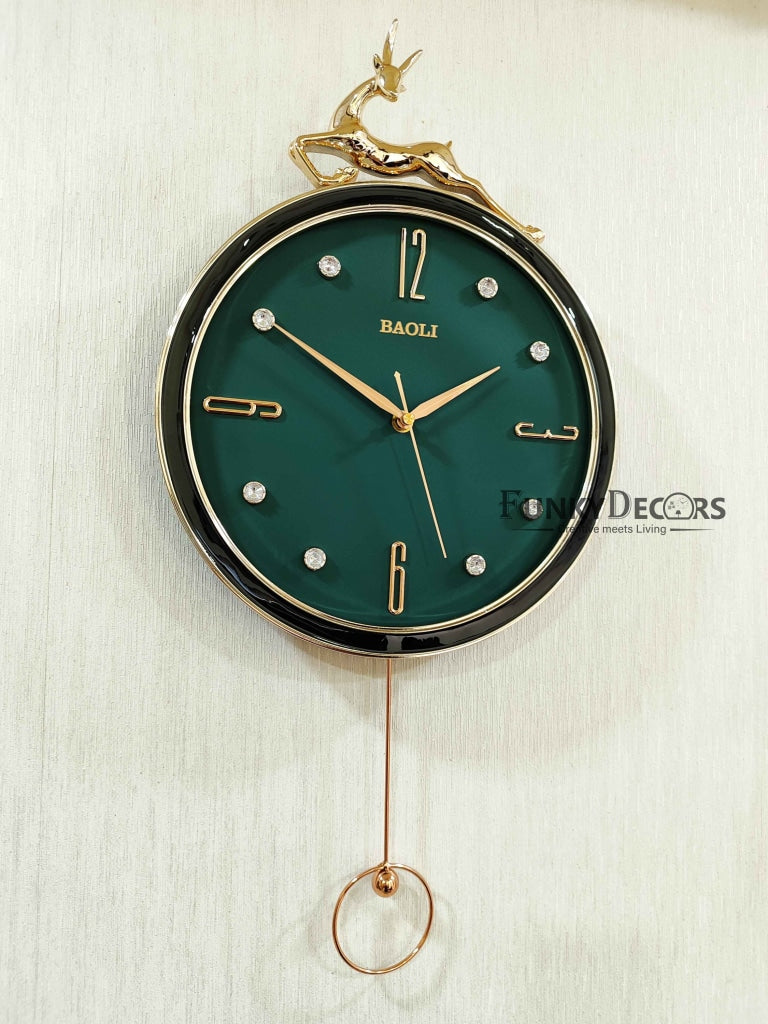 Funkytradition Rose Gold Multicolor Reindeer Pendulum Wall Clock Decor For Home Office And Gifts 60
