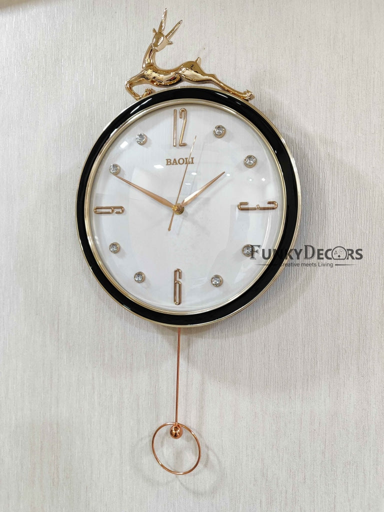 Funkytradition Rose Gold Multicolor Reindeer Pendulum Wall Clock Decor For Home Office And Gifts 60