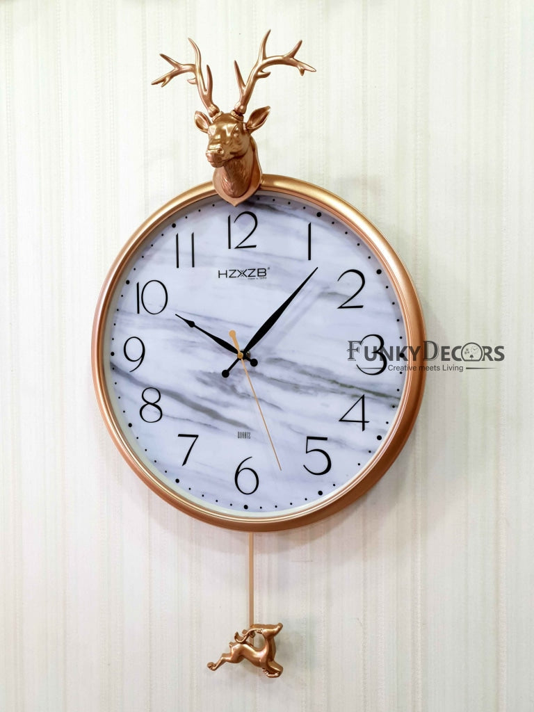 FunkyDecors Rose Golden Reindeer Pendulum Wall Clock For Home Office Decor And Gifts 68 Cm Tall