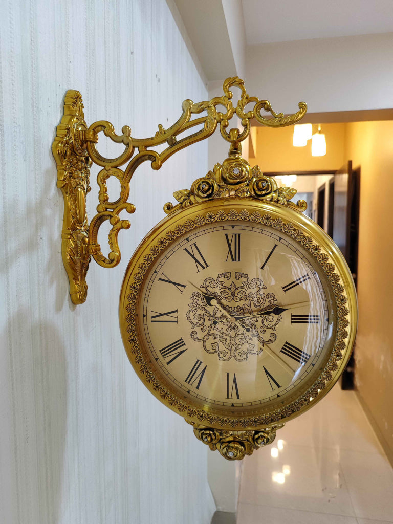 FunkyDecors Royal Antique-Look Golden Round Wall Hanging Double Sided Two Faces Retro Station