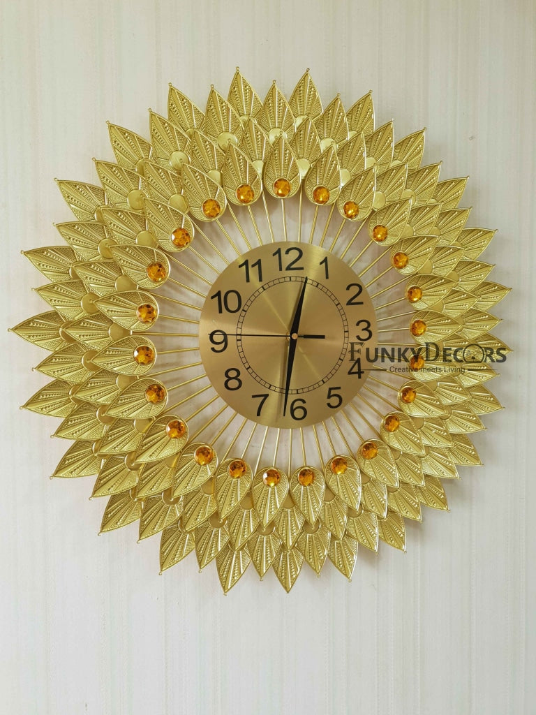 FunkyDecors Royal Golden 3D Flower Leaf Diamond Studded Wall Clock For Home Office Decor And