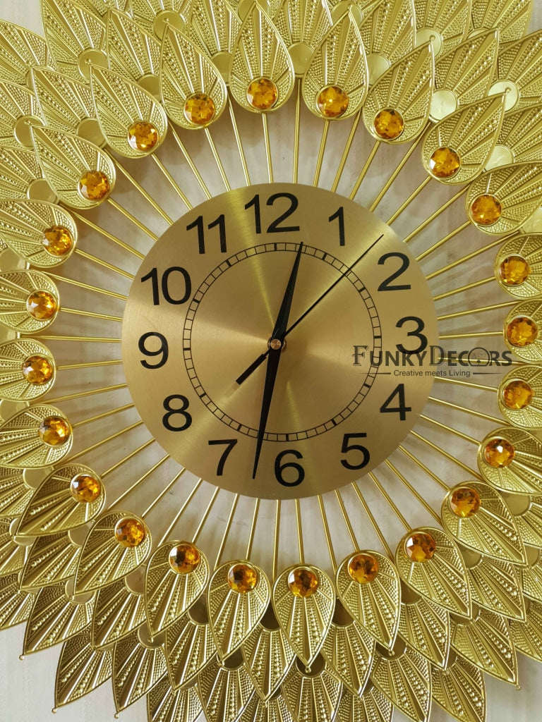 Funkytradition Royal Golden 3D Flower Leaf Diamond Studded Wall Clock For Home Office Decor And