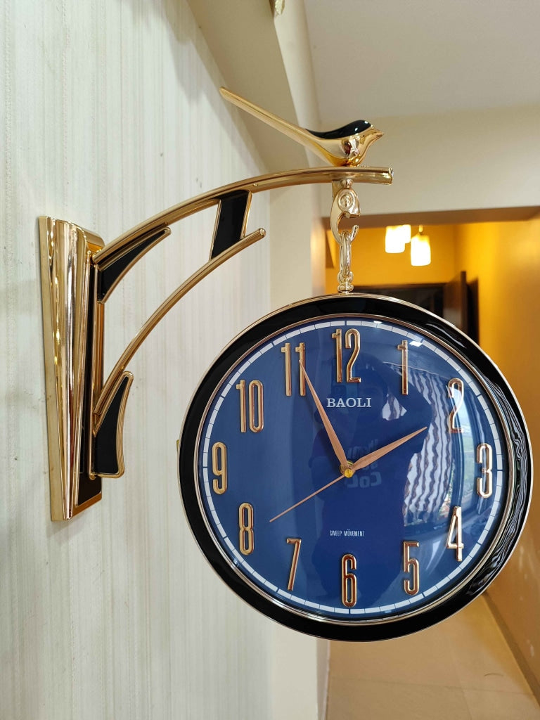 FunkyDecors Sparrow Designer Antique-Look Golden Blue-Black-White Round Wall Hanging Double Sided
